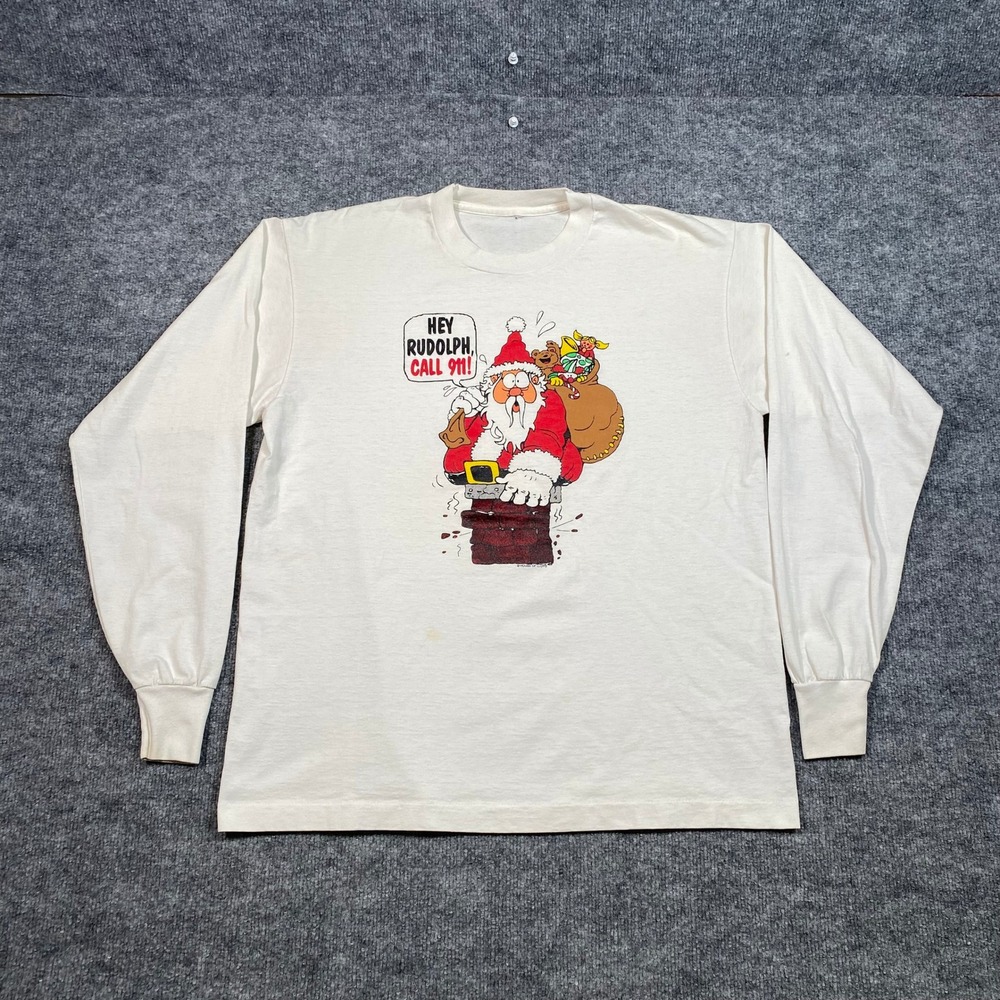 Vintage House of Lloyd Hey Rudolph Call 911 Santa Christmas Long Sleeve Tee L